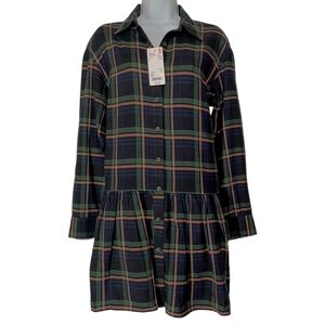 UNIQLO Soft Flannel Long Sleeve Tiered Black Green Blue Plaid Print Mini Dress